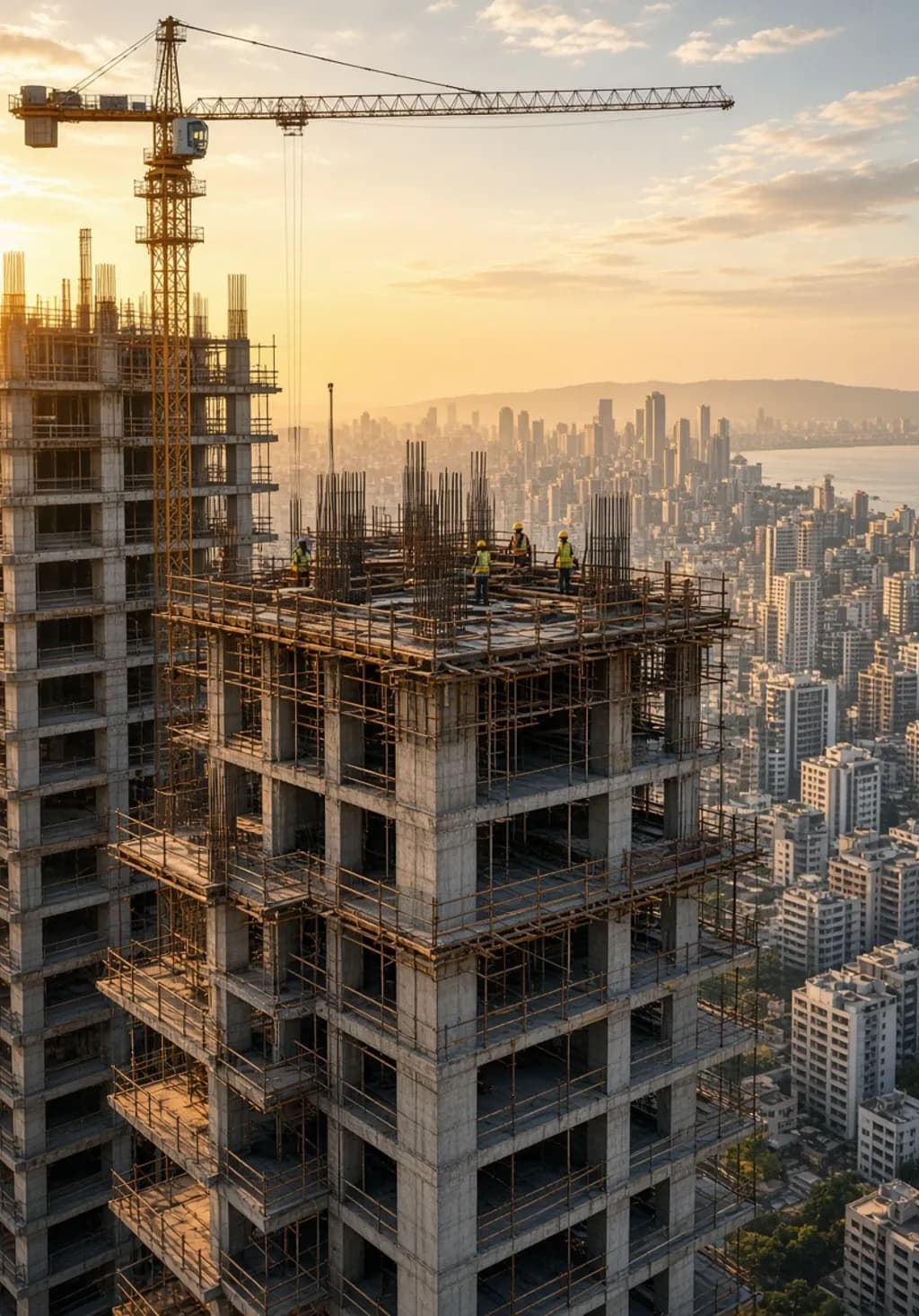 High-rise towers under construction with tower cranes