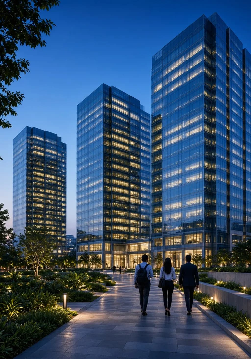 Glass IT tech park towers at dusk