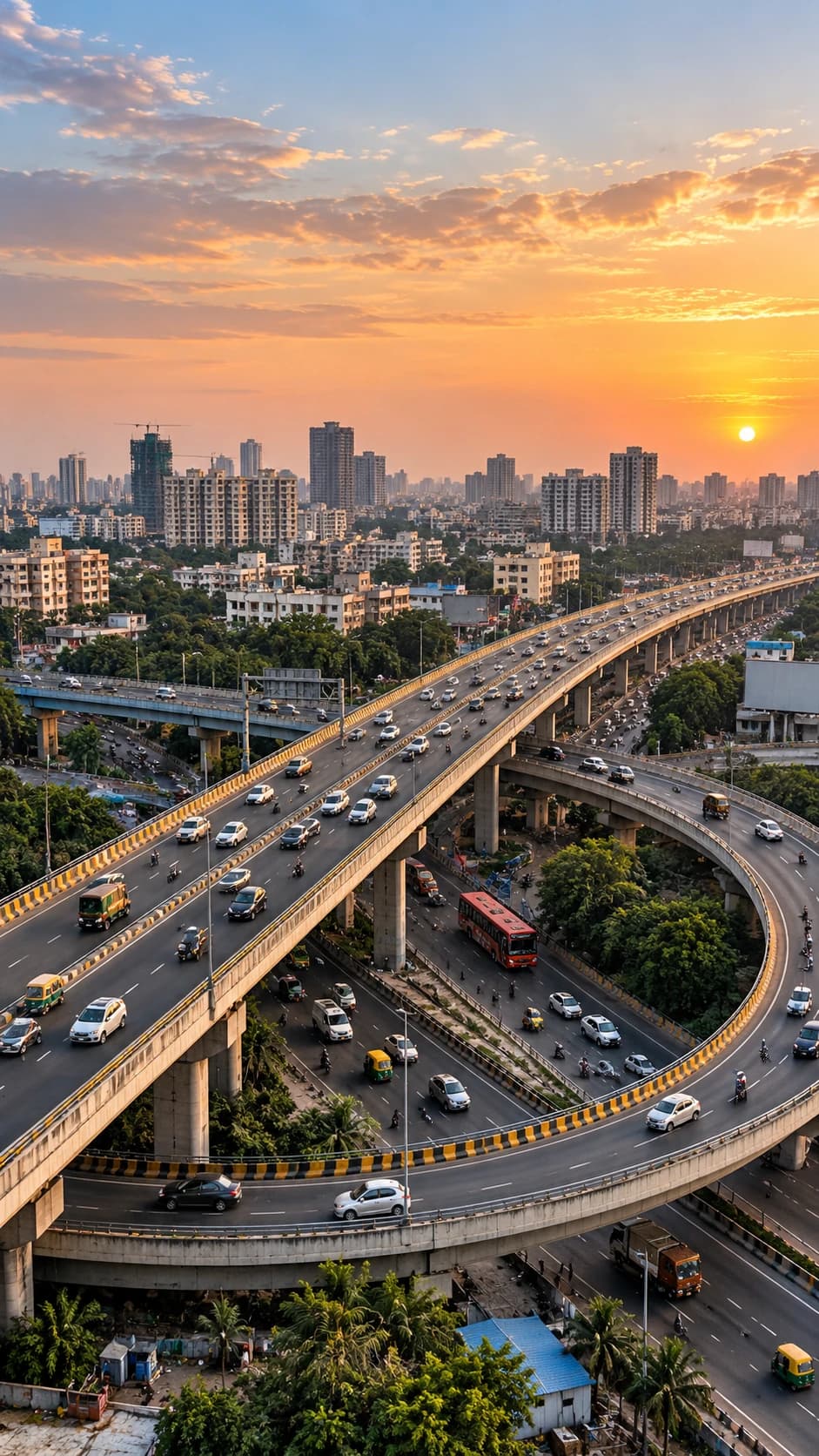 Elevated flyover loop with traffic and an Indian city skyline at sunset