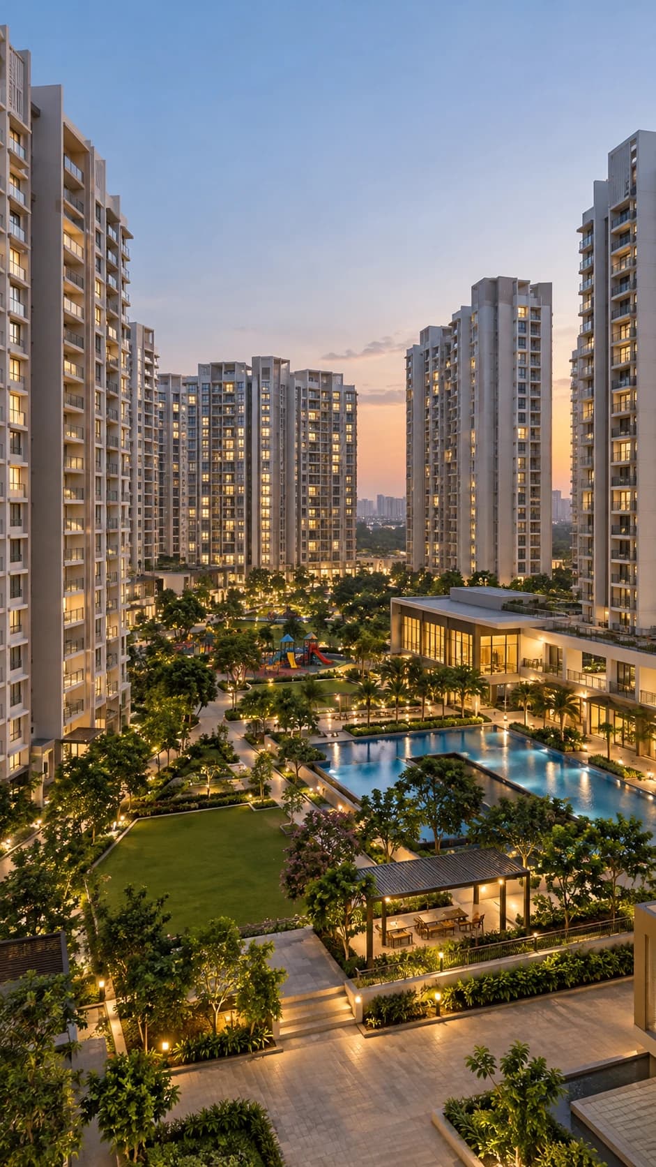 Luxury residential society towers and landscaped community at dusk