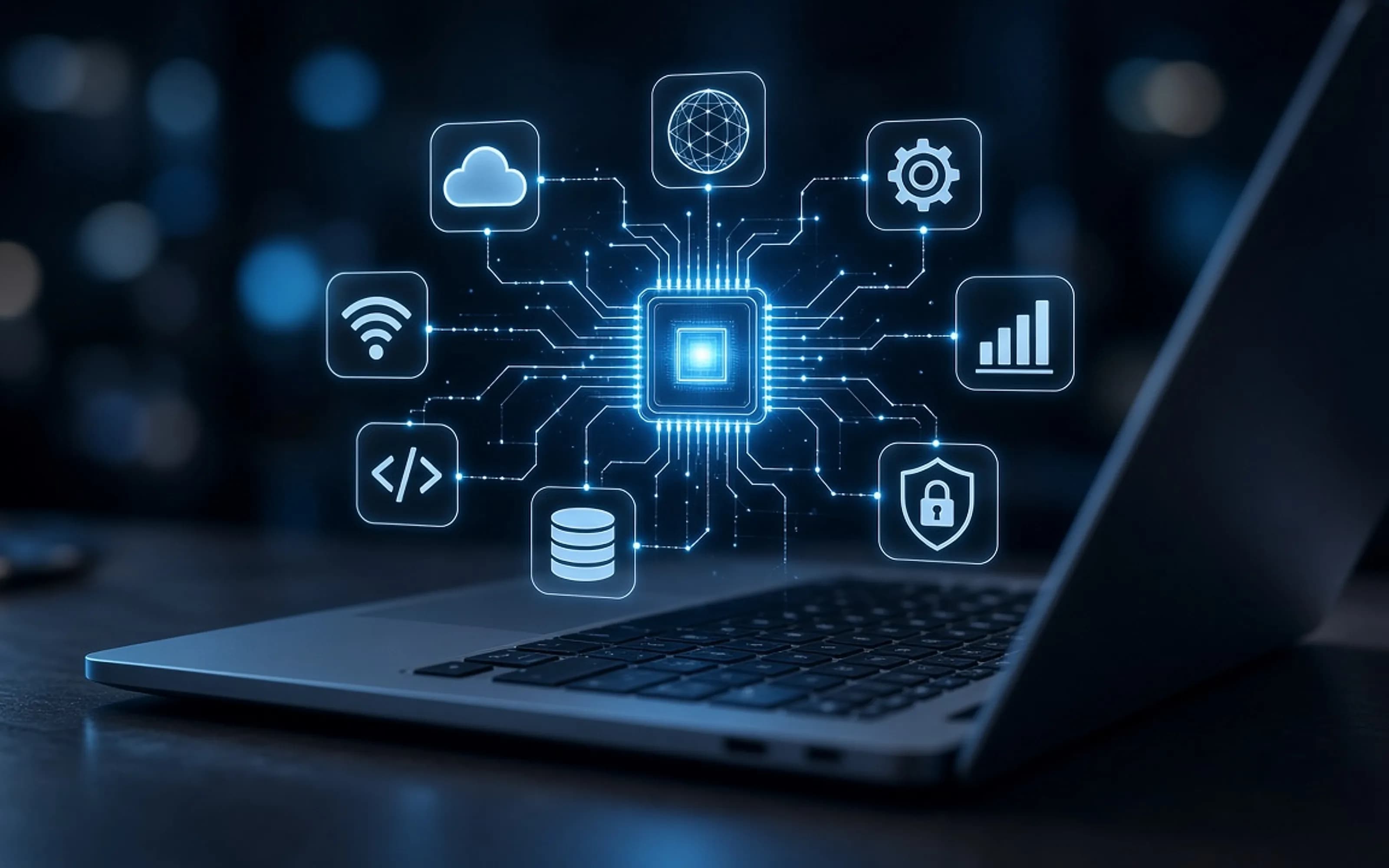 Glowing AI chip connected to cloud, network, security and data icons above a laptop