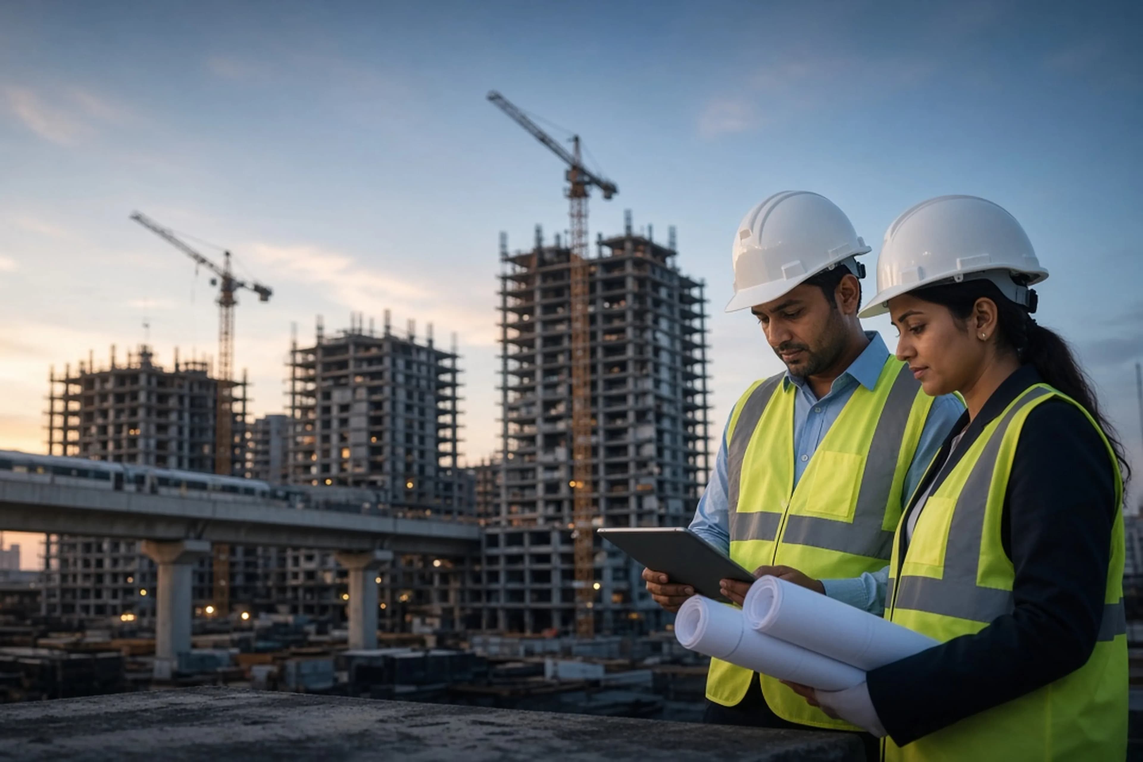 Engineers in safety helmets reviewing plans at a high-rise and metro construction site