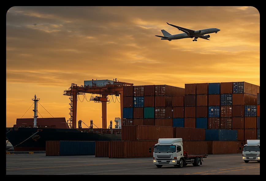 Shipping port with cargo containers, trucks, and aircraft at sunset