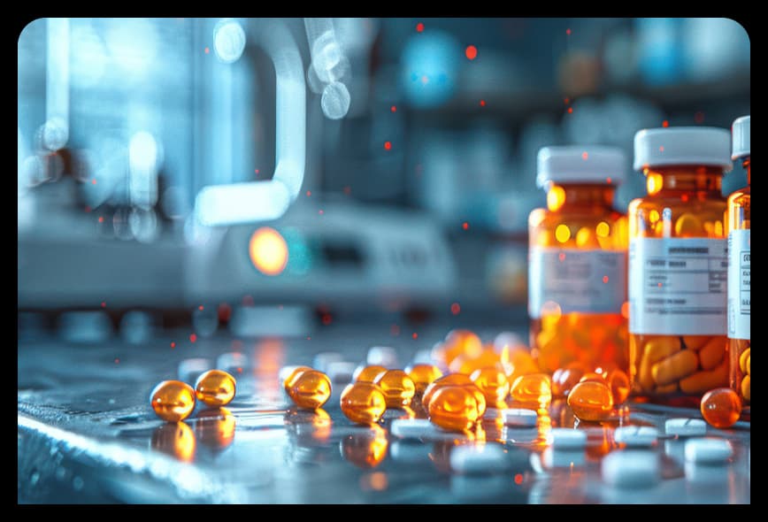 Pharmaceutical capsules and bottles on a lab countertop