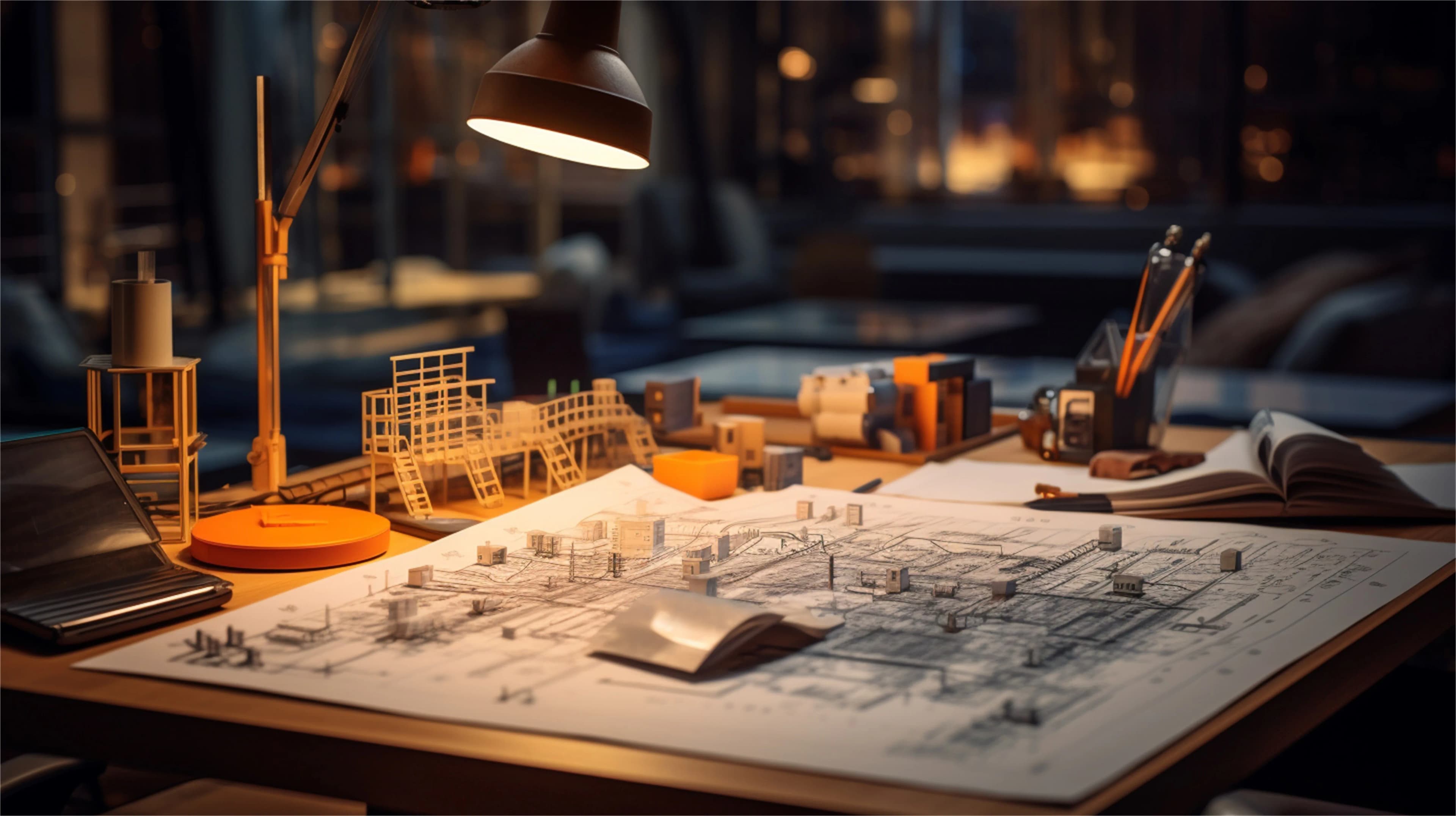 Architecture drafting desk with blueprints and scale models