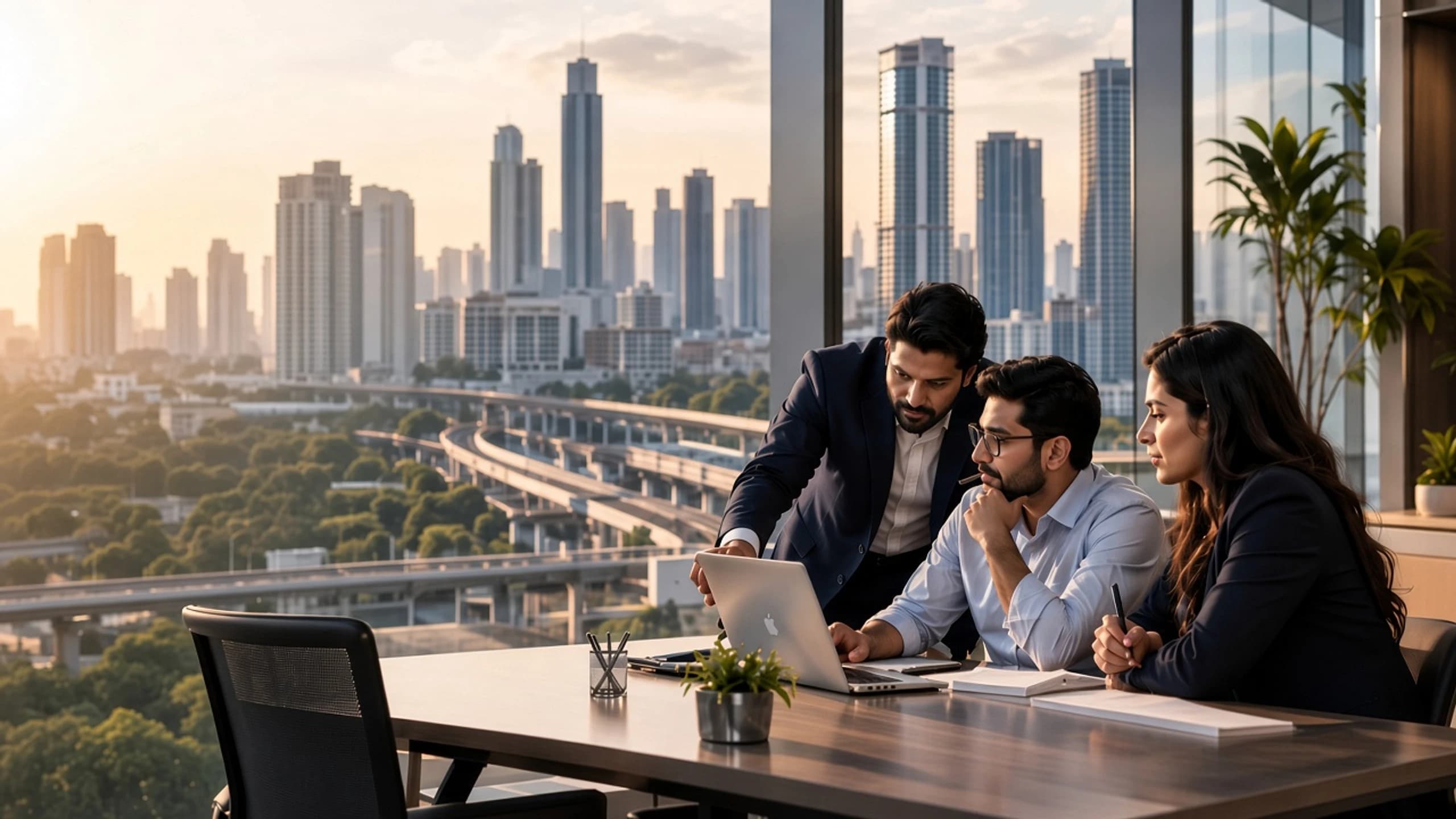 SourceGrids team reviewing project plans at a conference table overlooking the city skyline