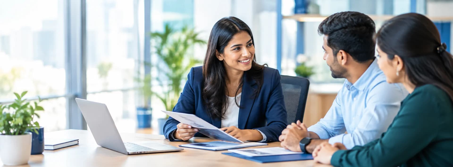 Professionals collaborating around documents in a bright modern office